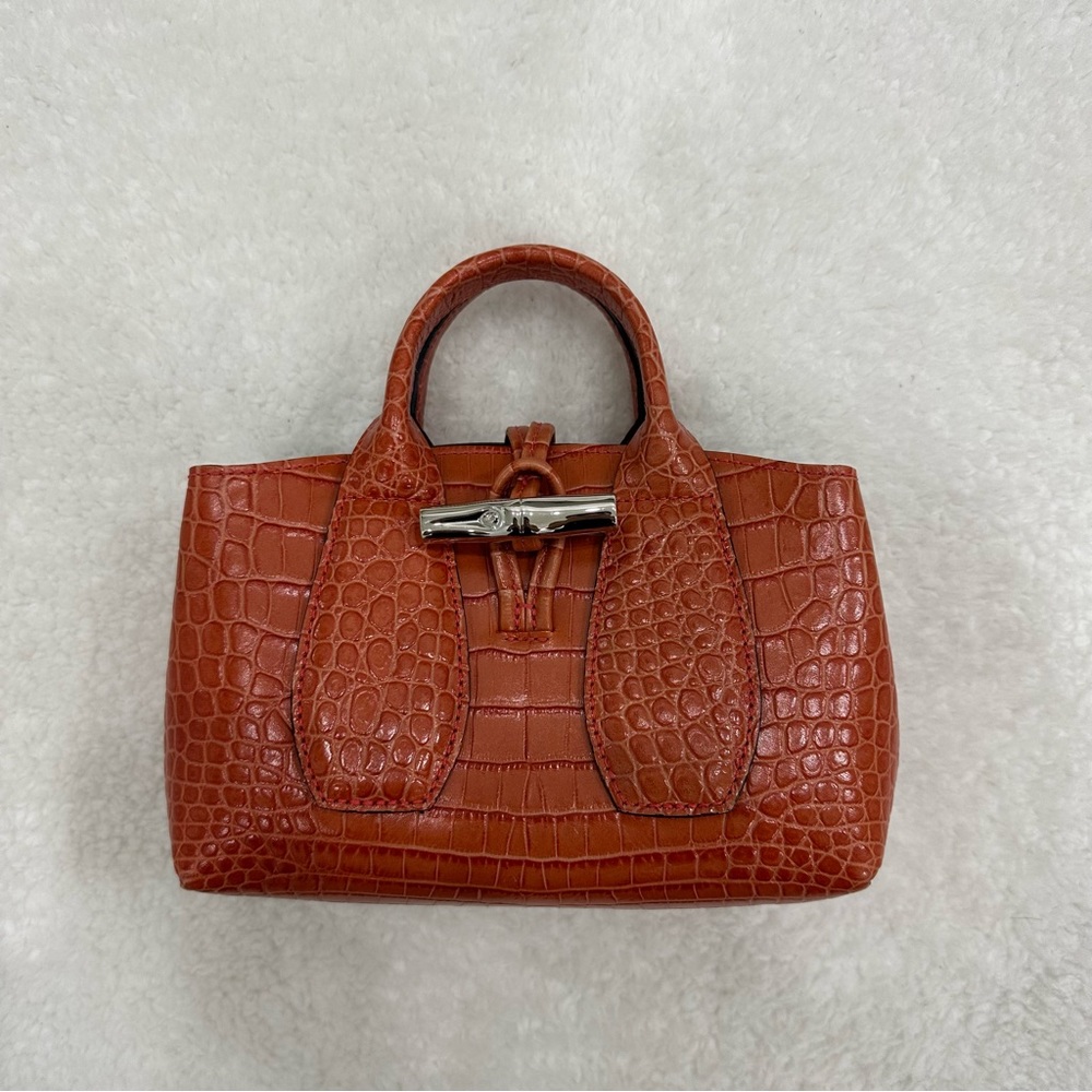 Longchamp Roseau Top Handle S Small BRICK Orange Leather Crossbody Tote Bag